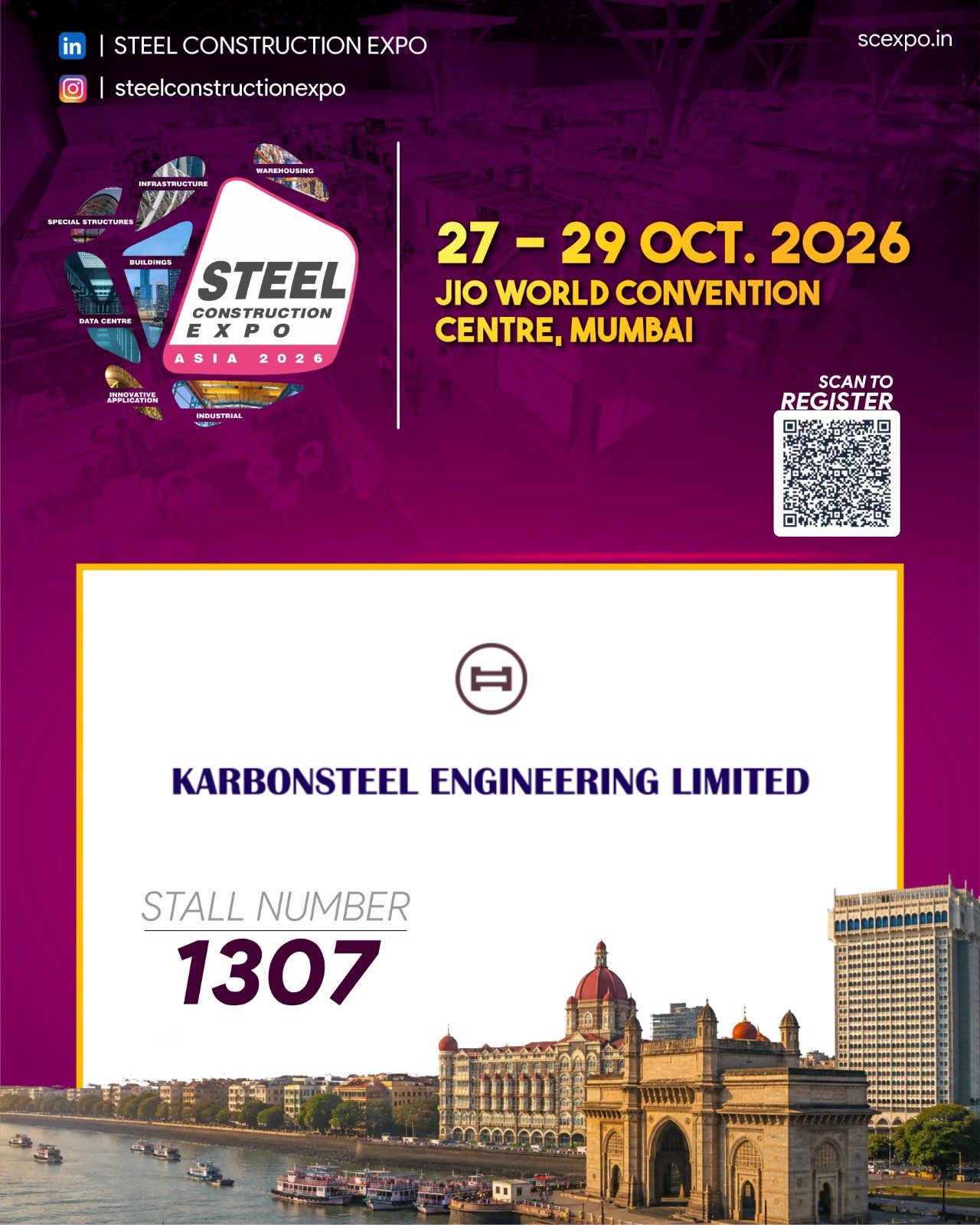 Visit Karbonsteel Engineering Limited at Steel Construction Expo Asia 2026, 27–29 Oct, Jio World Convention Centre Mumbai, Stall 1307